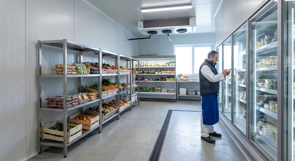 Photographie d'une chambre froide positive professionnelle moderne, montrant l'intérieur d'une installation avec étagères inox, portes vitrées ou opaques, équipements de refroidissement visibles, dans un environnement propre et aux normes professionnelles. L'image peut optionnellement montrer un professionnel (boucher, restaurateur ou traiteur) inspectant ou accédant à l'équipement pour contextualiser l'usage professionnel.
