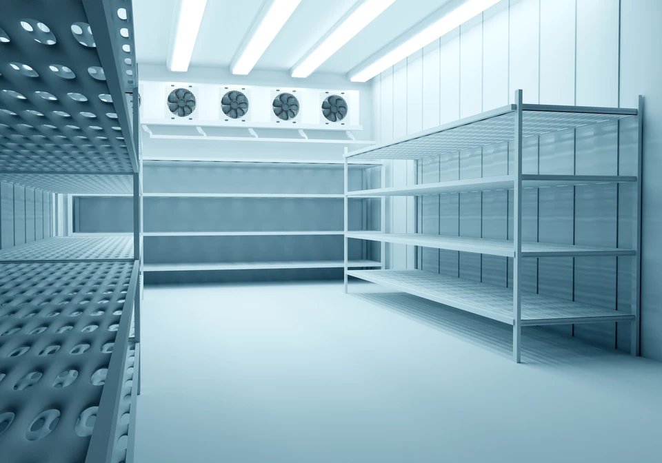 Chambre froide commerciale vide avec étagères métalliques en acier inoxydable sur plusieurs niveaux