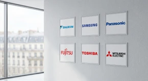 Logos des marques partenaires (Daikin, Samsung, Panasonic, Fujitsu, Toshiba, Mitsubishi Electric) disposés de manière professionnelle et équilibrée sur un fond blanc ou gris clair. Les logos doivent être clairs, reconnaissables et de taille similaire, présentant les marques principales avec lesquelles Froid Clim Pro Services travaille. Composition minimaliste et épurée, sans texte supplémentaire, permettant une présentation élégante et professionnelle des partenaires de l'entreprise.
