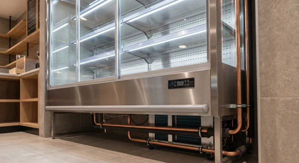 Vue rapprochée d'une vitrine réfrigérée professionnelle en acier inoxydable, portant vitrée avec éclairage LED intégré, installée dans un environnement commercial (restaurant, épicerie fine ou laboratoire culinaire). La vitrine est vide ou contient quelques produits alimentaires pour illustrer l'usage. L'accent doit être mis sur la structure, les joints d'étanchéité, les systèmes de refroidissement visibles, et le professionnalisme de l'installation. Pas de personne à l'image.
