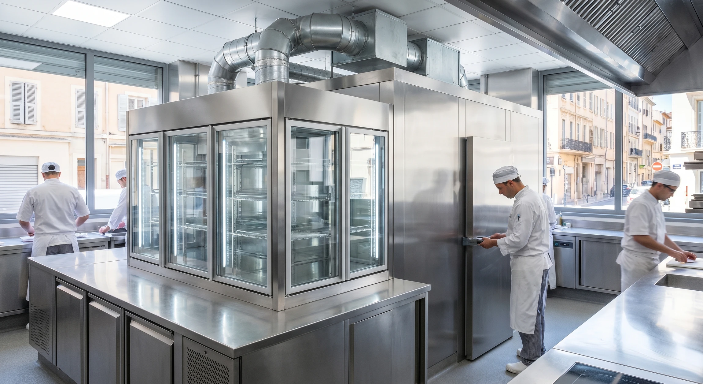 Photographie d'une cuisine professionnelle moderne avec équipements de froid (vitrines réfrigérées, cellules de refroidissement ou unités de climatisation) visibles et fonctionnels, prise de manière à montrer à la fois les installations frigorifiques/climatiques et l'environnement professionnel de cuisine équipée d'inox. L'image doit transmettre l'expertise en installation d'équipements spécialisés dans un cadre professionnel.