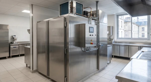Cellule de refroidissement industrielle professionnelle en acier inoxydable, vue de trois-quarts montrant l'accès à la chambre de refroidissement, équipée de portes vapeur ou battantes, avec les circuits frigorifiques et unités de condensation visibles en partie supérieure, installée dans un environnement professionnel (cuisine commerciale, laboratoire culinaire ou établissement de restauration). L'image doit mettre en avant la robustesse, l'équipement technique et le caractère hautement professionnel de l'installation, sans personne visible.
