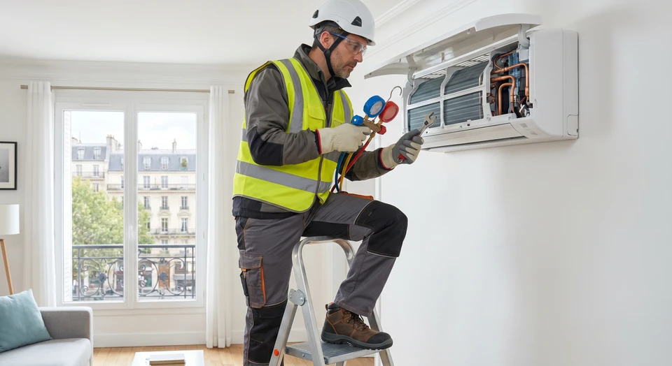 Un frigoriste en tenue de travail professionnelle effectuant une intervention de maintenance sur une unité de climatisation intérieure (split), en train d'inspeccter ou de régler les connexions frigorifiques. L'arrière-plan montre un environnement résidentiel ou tertiaire. L'image doit démontrer l'expertise technique et la réactivité du prestataire dans ses interventions.
