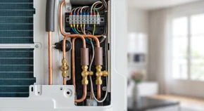 Gros plan professionnel sur un panneau de contrôle ou une unité intérieure de climatisation multi-split montrant des connexions de tuyauteries en cuivre, des vannes d'isolement et des points de contrôle technique. L'image doit mettre l'accent sur les détails techniques et la qualité de l'installation, avec un éclairage professionnel soulignant la précision du travail frigoriste. Arrière-plan légèrement flou montrant un environnement intérieur résidentiel ou commercial. Aucun texte, logo ou personne visible.