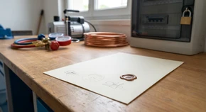 Photographie en gros plan d'une attestation de capacité ou d'un document de certification officiel (style attestation Bureau Véritas) posé sur un plan de travail professionnel avec des outils frigoristes flous en arrière-plan, mettant l'accent sur le sceau, le tampon et les détails authentiques du document de certification. Le document doit être clairement visible mais sans texte lisible, soulignant l'importance et la légitimité de la qualification professionnelle en froid et climatisation.