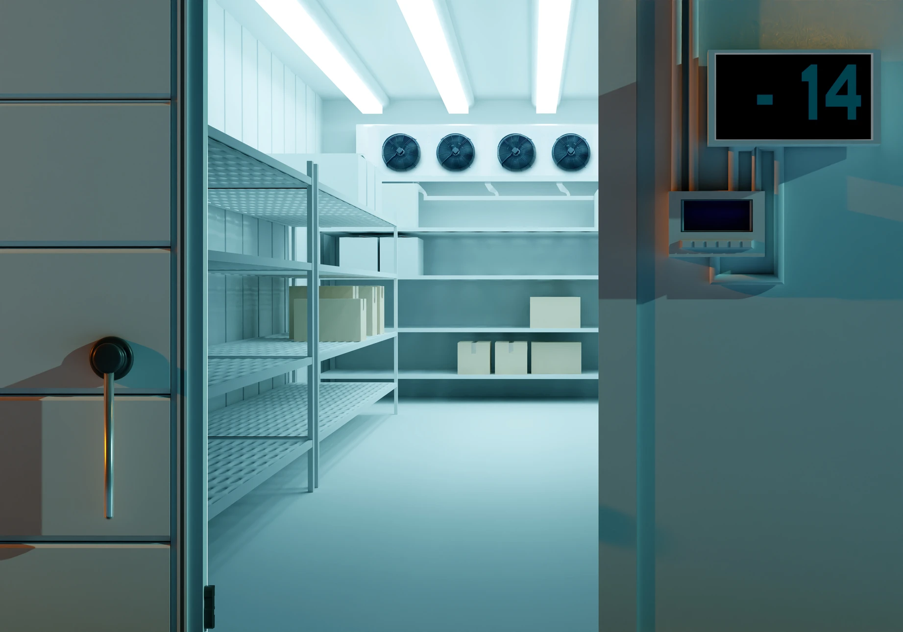 Frigoriste professionnel intervenant à l'intérieur d'une chambre froide industrielle, effectuant un dépannage ou une maintenance sur l'équipement de refroidissement. L'image montre le technicien en combinaison de travail, équipé d'outils professionnels, travaillant sur les installations de tuyauterie ou les compresseurs visibles, avec des produits stockés en arrière-plan, illustrant clairement l'environnement professionnel d'une cuisine ou chambre froide commerciale.